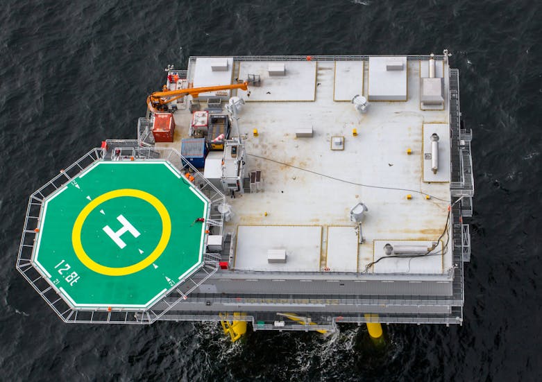 Aerial view of substation in offshore windfarm