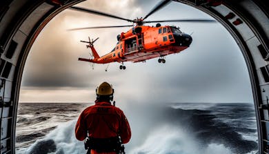 lifeguard descend from helicopter on ship at blue sea. Ai generative